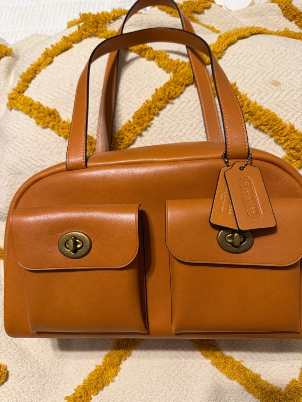 Coach Tan Leather Double-Pocket Shoulder Bag